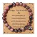 Bracelet 50ème anniversaire avec perles en pierre rose et cœur argent sur carte - Style Pierre Rose Noire Brune 50ème Anniversaire (H0102-19cm)