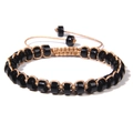 Handgeweven armband met gepolijste zwarte kralen en verstelbaar beige koordje - 19cm / Zwarte agaat
