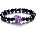 Pulsera de amatista natural con cuentas de ónix negro pulido en cordón elástico - Estilo de Cuentas Negras con Amatista (H0167-19cm)