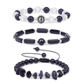 Driedelige set van amethist en blauwe zandsteen kralenarmbanden met verstelbaar koord - 3-delige set / Blauwe Goudsteen