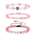 Driedelige roze amethist kralen armbandenset met natuurstenen en zwart trekkoord - 3-delige set / Roze Aardbeienkwarts