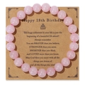 Pulsera de cuentas de cuarzo rosa para el 18 cumpleaños en tarjeta de kraft vintage - Estilo de cuarzo rosa de 18 cumpleaños (FK2123) / 19cm
