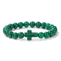 Bracciale di perline in pietra malachite verde con un ciondolo a croce centrale - Pietra pavone verde