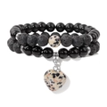 Double-layer volcanic stone and dalmatian jasper stretch bracelet with heart pendant - 19cm / Spotted Heart