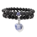 Double-layer volcanic stone bead bracelet set with a blue heart-shaped stone pendant - 19cm / Blue Spot Stone Heart