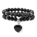 Double-layer black volcanic stone and beaded bracelet with heart pendant charm - 19cm / Black Agate Heart