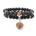 Double-layer volcanic rock and unakite beaded bracelet set with a heart stone pendant - 19cm / Unakite Heart