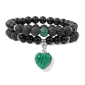 Double-layer volcano stone bracelet with green malachite heart pendant and black beads - 19cm / Malachite Green Heart