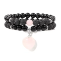 Double-layer volcanic stone bracelet featuring a pink heart charm and black onyx beads - 19cm / Rose Quartz Heart