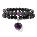 Double-layer volcanic stone and purple bead bracelet set with heart pendant - 19cm / Amethyst Heart