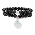 Double-layer volcanic stone bracelet with heart pendant and black onyx style beads - 19cm / Opal Style Heart