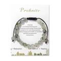Adjustable woven bracelet with natural translucent green prehnite beads on display card - Prehnite Style (FK2263) / 19cm