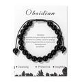 Verstelbare zwarte obsidiaan kralenarmband met geweven koord op displaykaart - Obsidiaan Stijl (FK2280) / 19cm