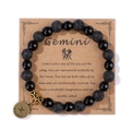 Pulsera Géminis de piedra volcánica negra con cuenta dorada y colgante de bronce - 19cm / Géminis (H0248) / Negro