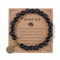 Pulsera del zodiaco Tauro con cuentas de piedra de lava negra y colgante de oro viejo - 19cm / Tauro (H0251) / Negro