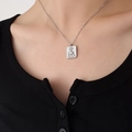 Silver vintage Egyptian sun pendant necklace with square totem design on a model - 40+5cm / Silver