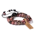Three-piece set of pink rhodonite gemstone beaded bracelets with black adjustable cords - Rhodonite with Black Lines / 19cm