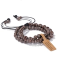 Three-piece set of brown natural stone beaded bracelets with adjustable cord for men - Snowflake Obsidian / 19cm