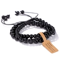 Three-piece set of black natural gemstone bead bracelets with adjustable woven cords - Glossy Black / 19cm