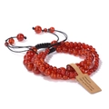 Three-piece red carnelian gemstone beaded bracelet set with adjustable woven black cord - Red Agate / 19cm