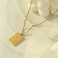 Minimalist 18K gold plated square pendant necklace with engraved letter S on curb chain - Letter S Square Plate / Gold
