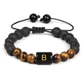Bracciale regolabile in occhio di tigre e pietra lavica con ciondolo lettera B - Stile Lettera B (FD7620) / 19cm