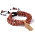 Three-piece set of red gold sandstone beaded bracelets with adjustable braided cords - Red Jasper / 19cm