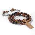 Three-piece natural gemstone beaded bracelet set with braided cord and earthy textures - Natural Red Pine Stone / 19cm