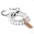 Three-piece set of white marble stone bead bracelets with adjustable black braided cords - White Howlite / 19cm