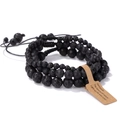 Three-piece set of black natural lava stone beaded bracelets with adjustable woven cords - Lava Stone / 19cm