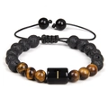 Bracciale regolabile con lettera I in pietra lavica nera e perle di occhio di tigre - Stile Lettera I (FD7626) / 19cm