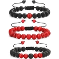 Detailed close-up of 8mm tiger eye and turquoise beaded bracelets with adjustable cords - Matte Black with Red Vein Stone 3-Piece Set (KZ0027) / 19cm