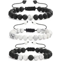 Macro detail of 8mm tiger eye and turquoise beaded bracelets with adjustable braided rope - Matte Black with White Howlite/Lava Stone 3-Piece Set (KZ0028) / 19cm