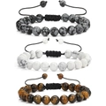 Three-piece 8mm stone bead bracelet set with tiger eye and obsidian on adjustable cords - Snowflake Obsidian/White Howlite/Tiger Eye 3-Piece Set (KZ0034) / 19cm