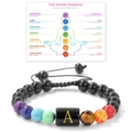 Pulsera de energía de 7 chakras con letra A y cordón tejido negro ajustable para hombre - 19cm / Letra A