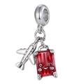 Silver airplane and red enamel suitcase charm with a smiley face for bracelets - Airplane And Smiling Luggage Style (02)