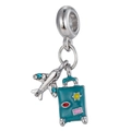 Silver airplane and teal suitcase travel charm with blue rhinestones and enamel details - Teal Luggage And Rhinestone Airplane Style (03)