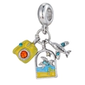 Travel themed silver charm with yellow camera, beach landscape and small blue airplane - Camera Beach And Airplane Triple Style (04)
