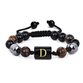 Bracciale in perle di occhio di tigre e onice nero con lettera D dorata e cordino - 19cm / Lettera D