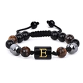 Bracelet en perles d'oeil de tigre avec lettre E dorée et cordon tressé ajustable - 19cm / Lettre E