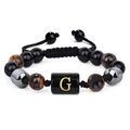 Bracelet tressé en œil de tigre avec breloque lettre G et cordelette réglable homme - 19cm / Lettre G