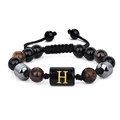 Bracelet tressé en oeil de tigre et perles noires avec lettre H dorée pour homme - 19cm / Lettre H