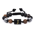 Bracelet perles œil de tigre et onyx avec lettre J dorée sur cordon tressé noir - 19cm / Lettre J