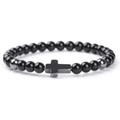 Detail eines Perlenarmbands mit Kreuzanhänger aus 6 mm Tigerauge und Hämatitsteinen - 19cm / Schwarzer Achat