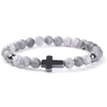 Herren Armband mit 6mm grauen Natursteinperlen und poliertem schwarzem Kreuz-Anhänger - 19cm / Landkartenstein