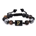 Bracelet en perles d'œil de tigre et hématite avec cordon réglable et lettre P dorée - 19cm / Lettre P