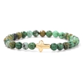 6mm green stone beaded bracelet with polished golden cross charm on white background - 19cm / 6mm African Turquoise