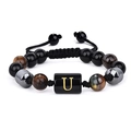 Bracelet tressé en oeil de tigre et pierre noire avec lettre U dorée et cordon réglable - 19cm / Lettre U