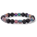 Bracelet en pierre de lave avec perles hexagonales métalliques arc-en-ciel - 19cm / Pierre de Lave Noire avec Pierre de Lave Arc-en-ciel