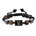 Bracelet tressé en œil de tigre avec breloque lettre V et cordon ajustable - 19cm / Lettre V